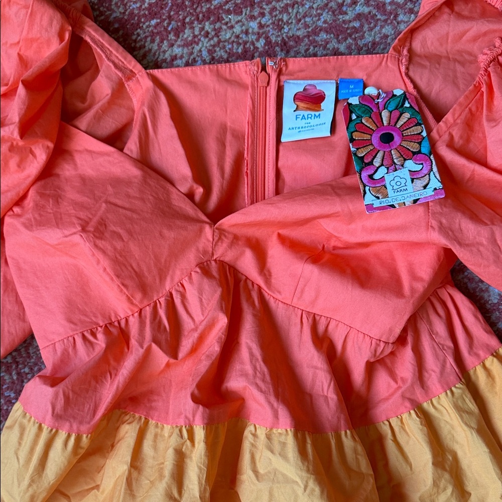 FARM Rio Orange and Yellow Tiered Dress with Puff Sleeves